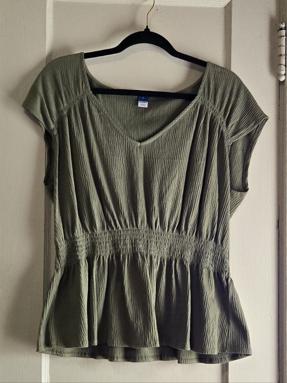 Old Navy Olive Green Smocked Peplum V-Neck Top